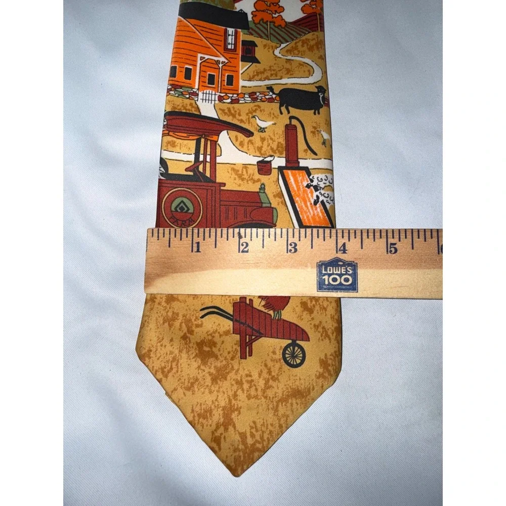 Vintage Farm Scene Novelty Tie Yellow Orange Red Barn Tractor Americana Folk Art